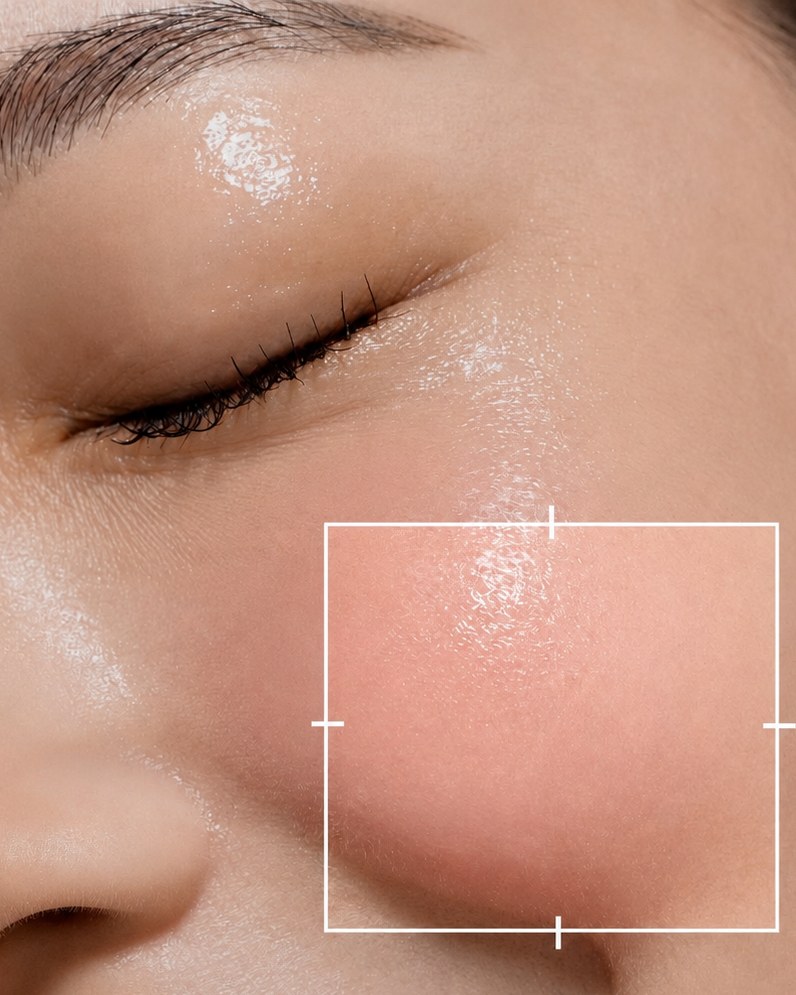 Close-up of hydrated skin with a focus bracket over the cheek