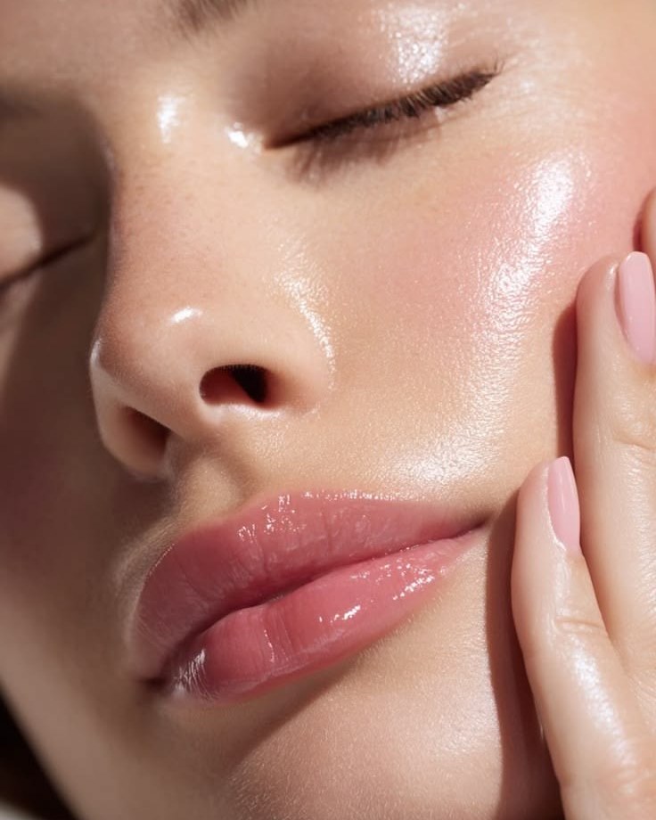 Close-up of smooth, glossy skin with a hand resting against the cheek
